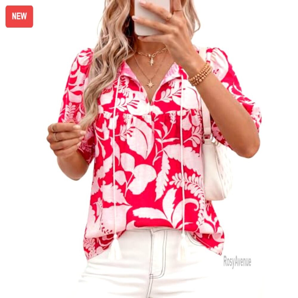 Boho Puff Sleeve Blouse Tie Front V Neck Casual Summer Top - Picture 3 of 7